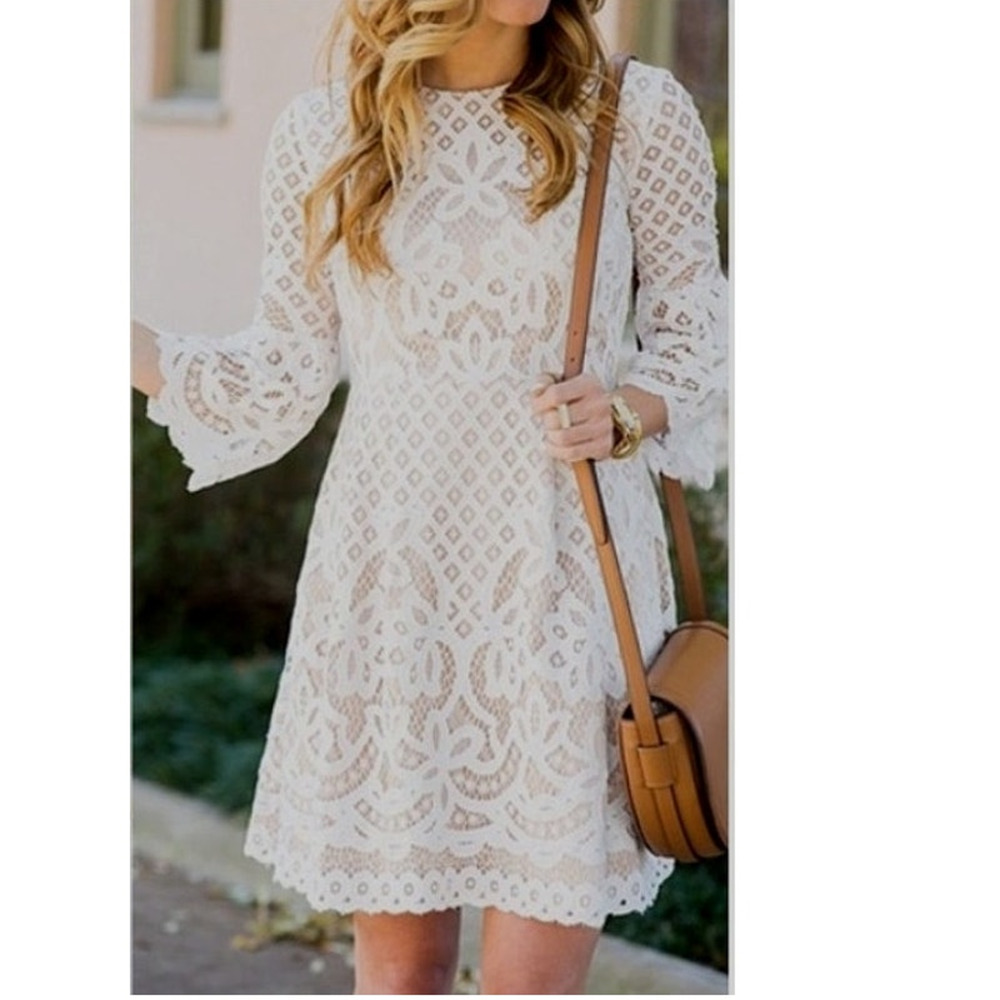 Eliza J Ivory Bell Sleeve Lace A Line Dress 6 Pleated Coquette Romantic Ethereal